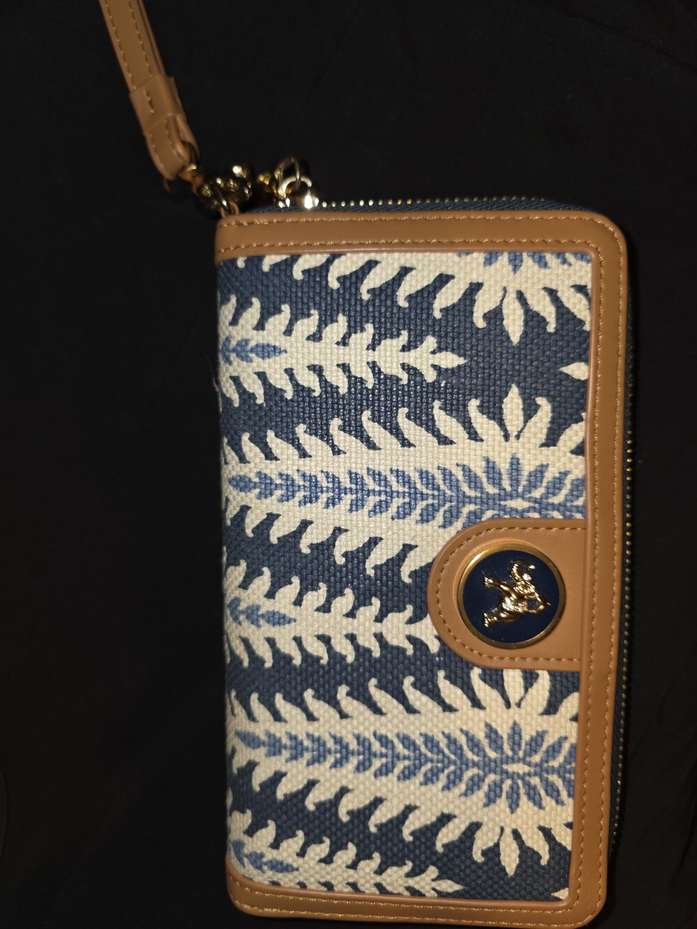 Spartina 449 Blue and Cream Patterned Wristlet Wallet with Tan Trim